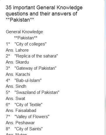 General Questions And Answers About Pakistan .